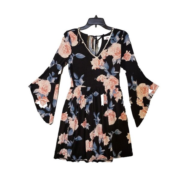 Bongo Dresses & Skirts - NWOT Bongo V Neck Bell Long Sleeve Back Tie Floral Mini Black Dress Size Small